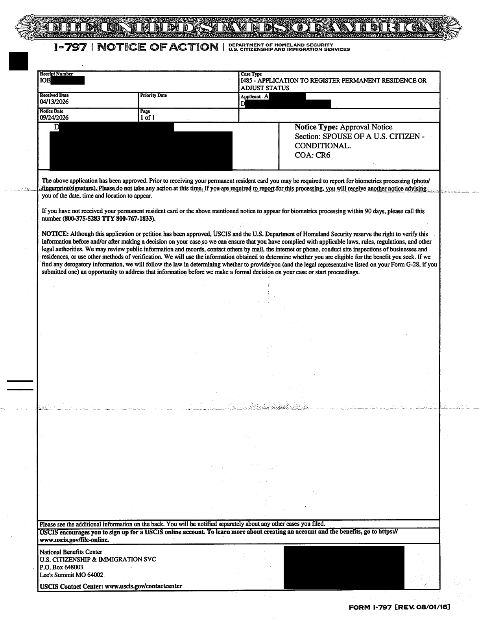Marriage-based green card approved