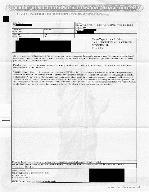 Marriage-based green card approved
